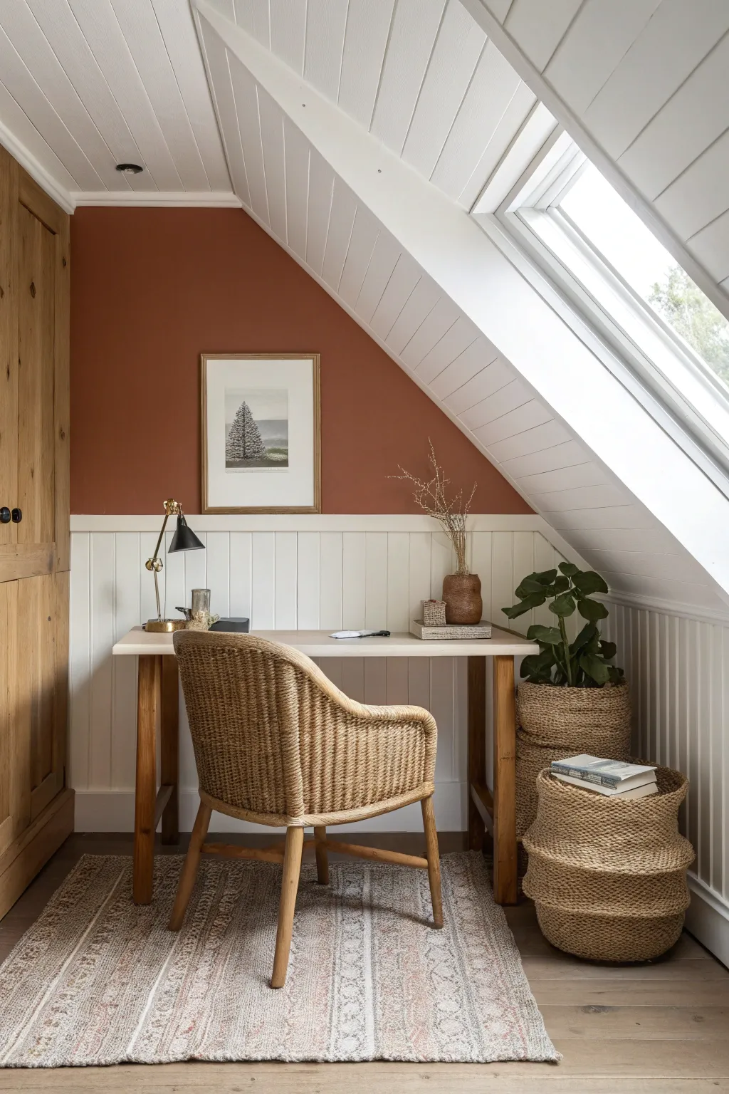 Two-tone paint on the knee wall grounds the attic nook while the sloped ceiling stays bright.