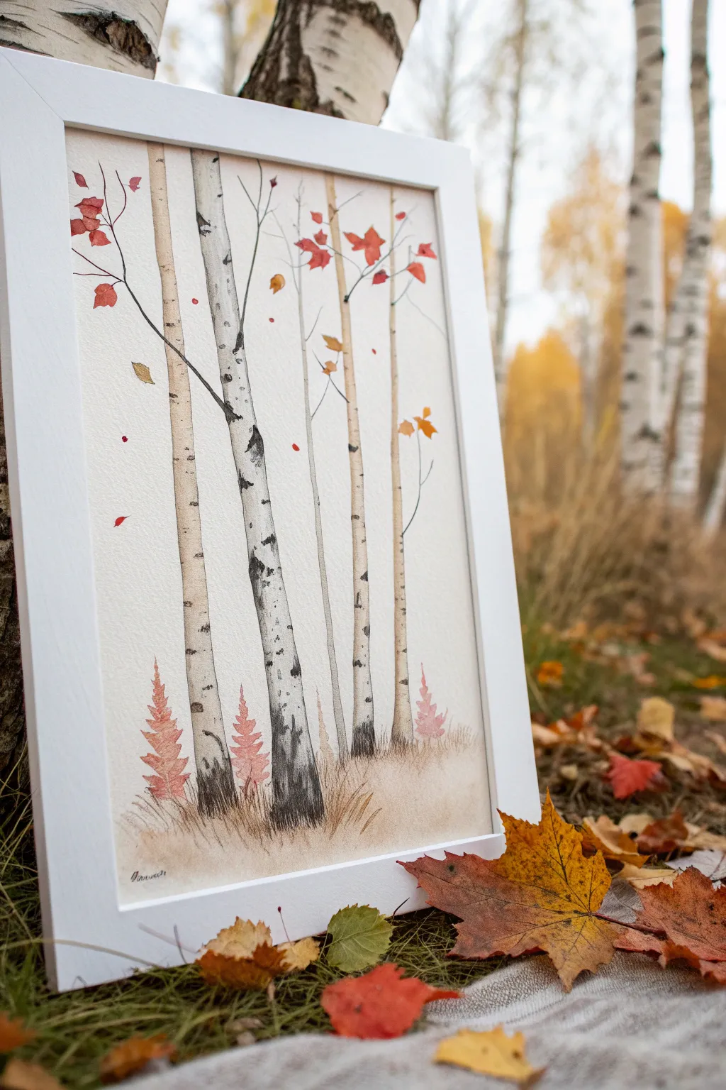Airy birch-tree watercolor with drifting fall leaves, minimalist Scandinavian-boho autumn art idea