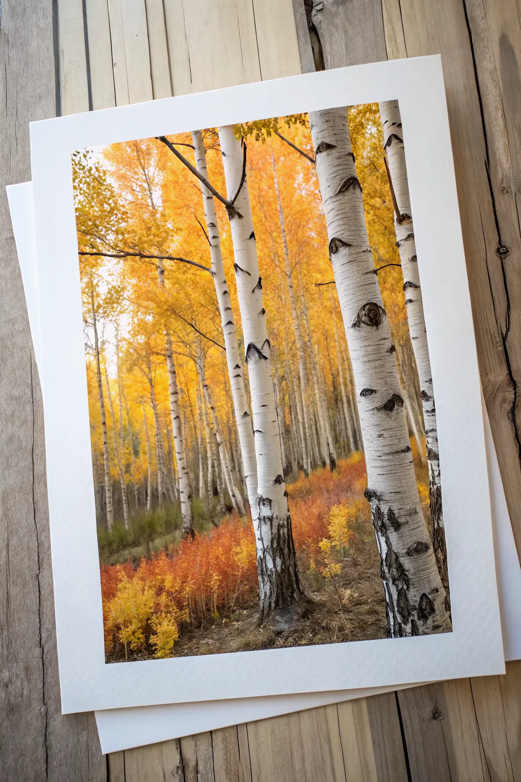 White birch trunks pop against a glowing golden canopy for a striking autumn landscape idea