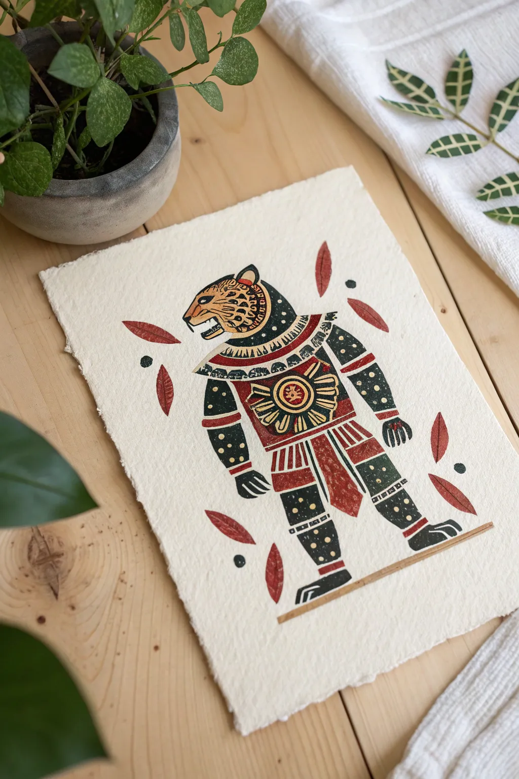 Jaguar warrior armor pattern in bold Aztec spots, minimalist palette with boho warmth