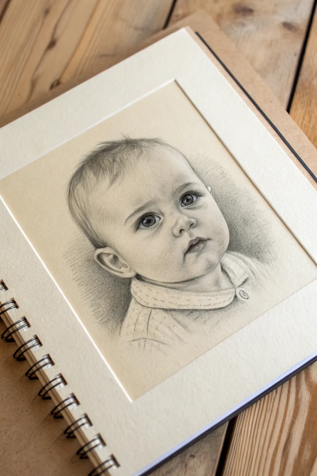 Soft three-quarter baby portrait in graphite, minimal and boho-inspired with striking contrast