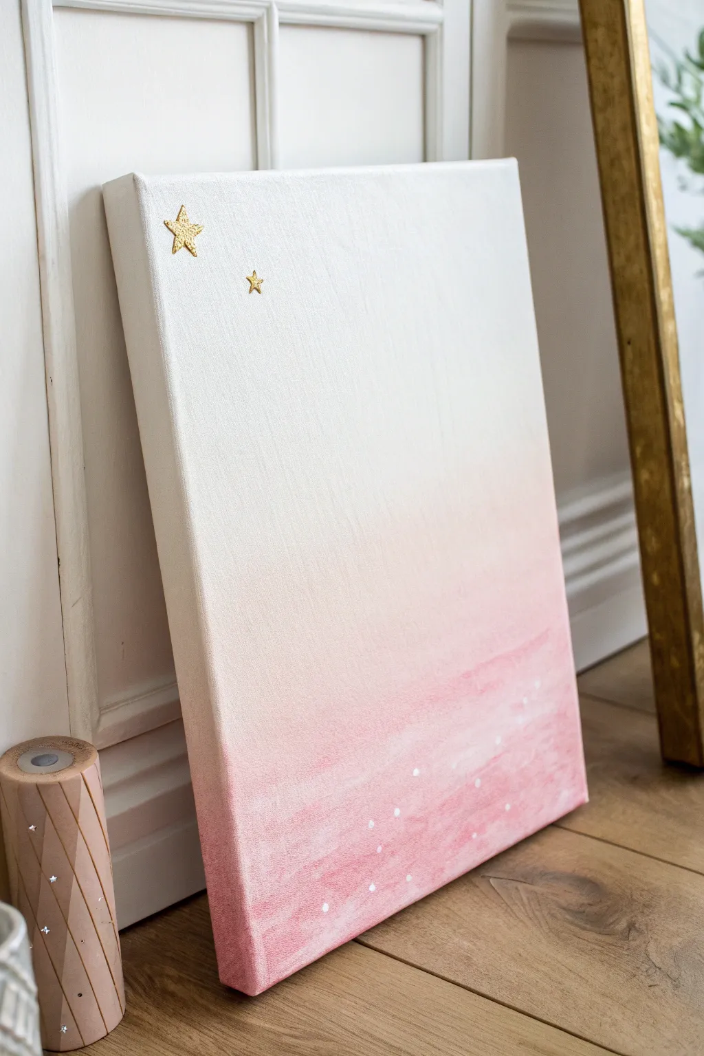 Soft pink ombre canvas with a tiny corner heart, perfect minimalist-boho baby girl nursery art.