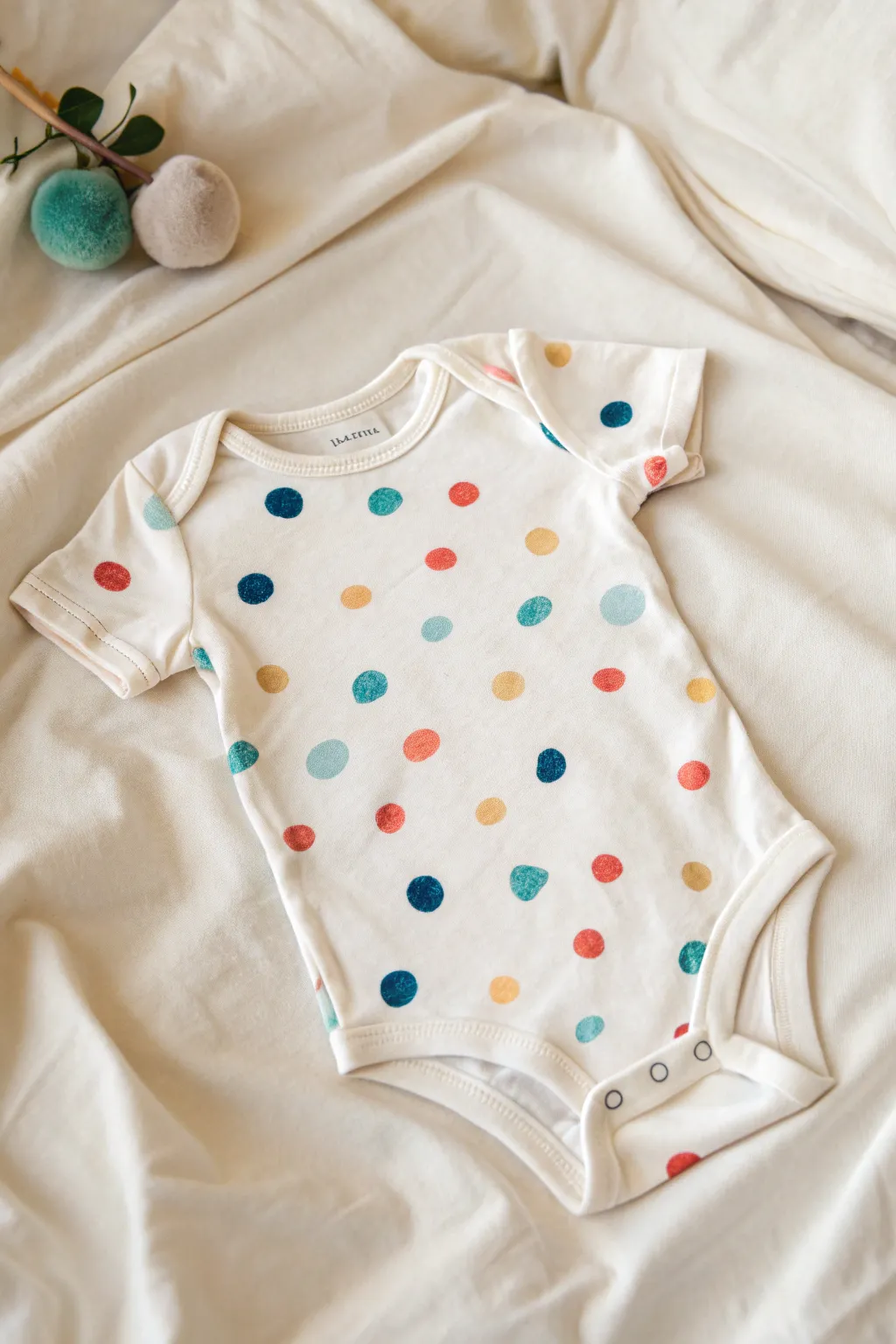 Confetti polka dot onesie with bold handmade dots and minimalist Scandinavian styling