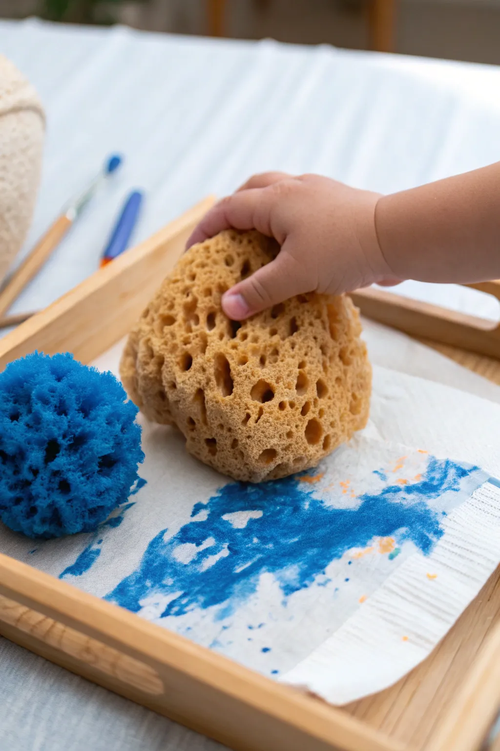 Chunky sponge swipe painting: easy baby grip, bold color streaks, minimalist boho vibe