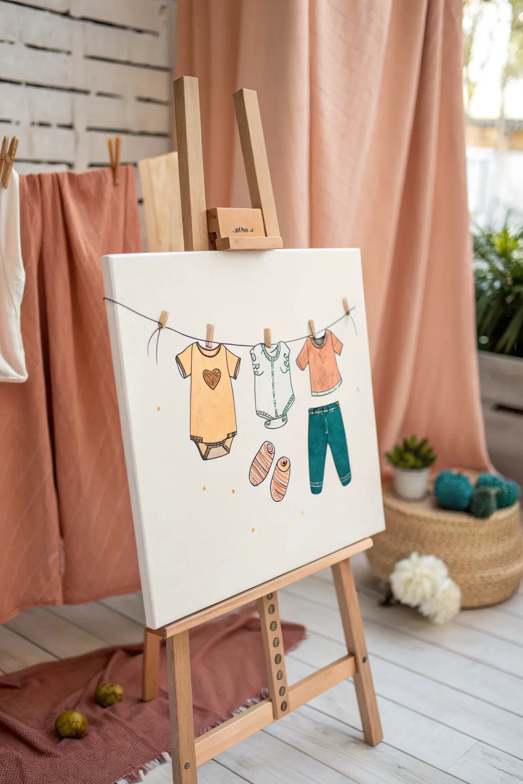 Sweet baby onesie clothesline canvas painting, minimal boho colors, ready for guest signatures