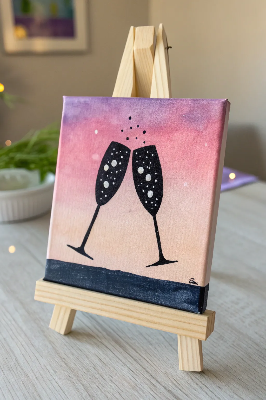 Clinking champagne silhouette painting with a bold ombré backdrop, perfect for a bachelorette paint and sip.
