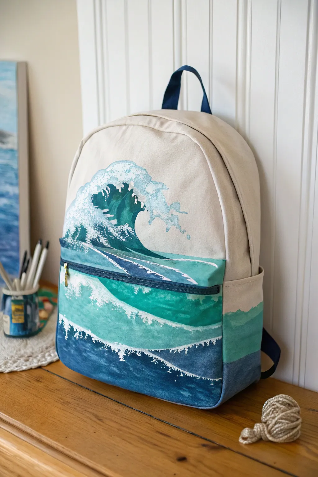 Ocean wave backpack panel idea with layered blues and foamy whites, simple Nordic backdrop.