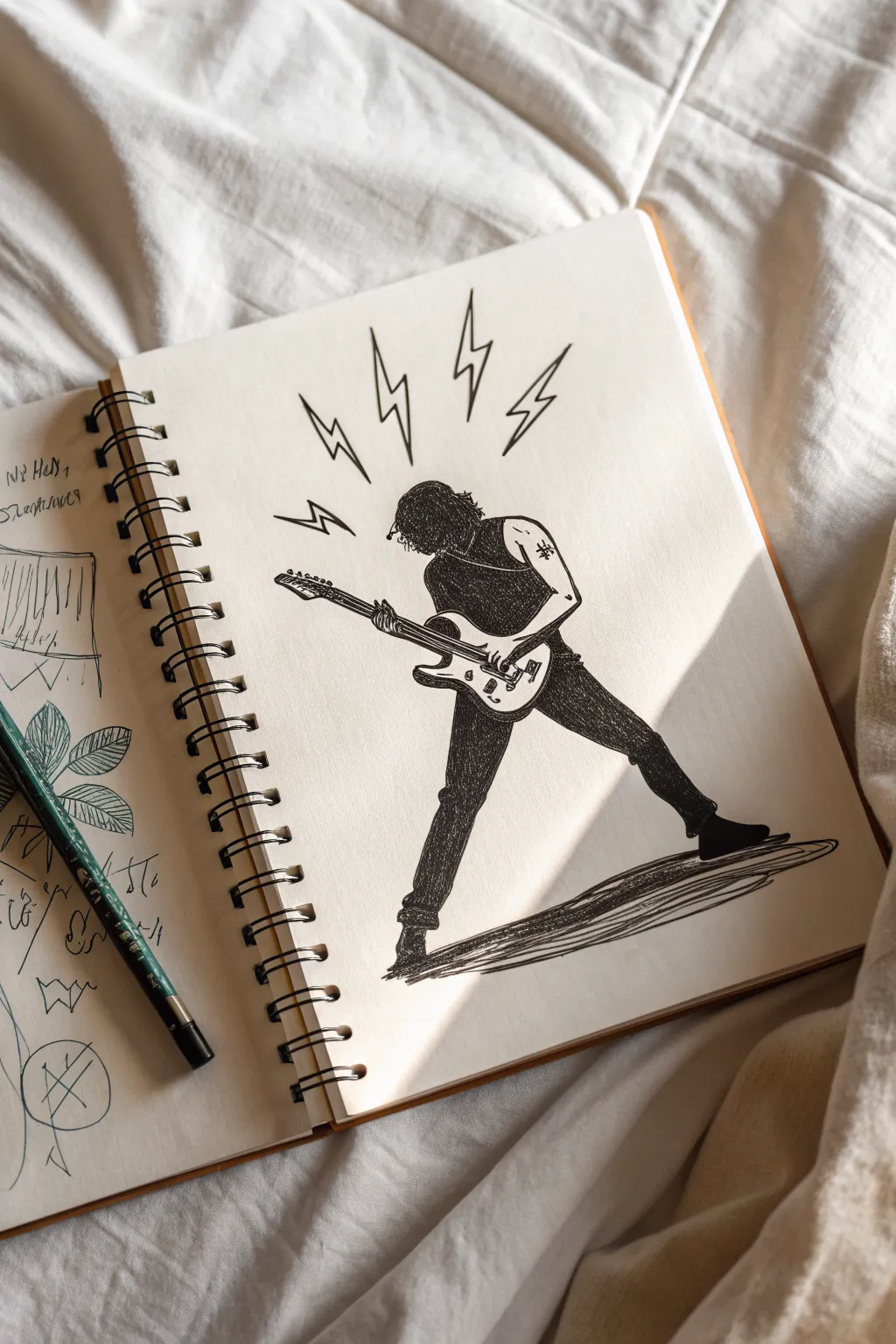 Guitarist power pose drawing idea with bold silhouette, chunky shadows, and minimalist sound waves.