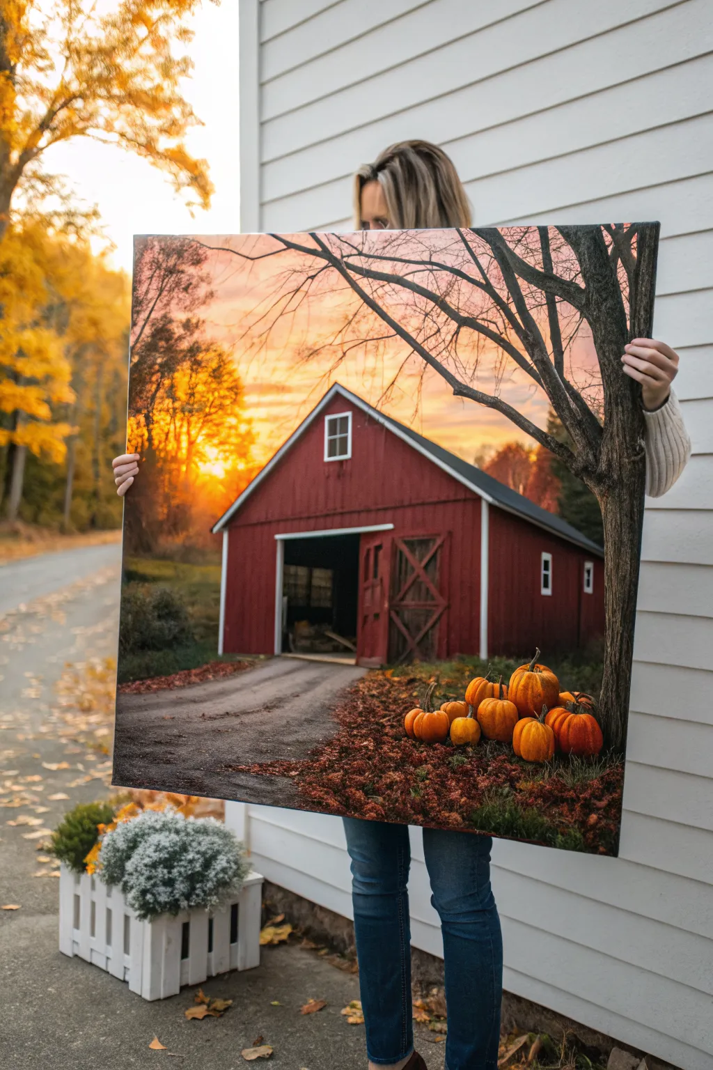 Autumn barn painting idea: red barn, pumpkins at the door, and glowing golden trees in warm light.