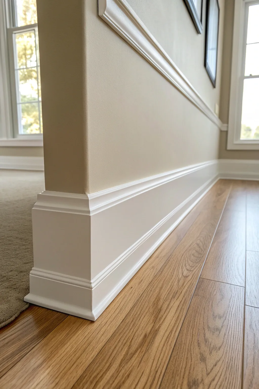 Greige baseboards soften the room edge while bridging warm walls and medium wood floors