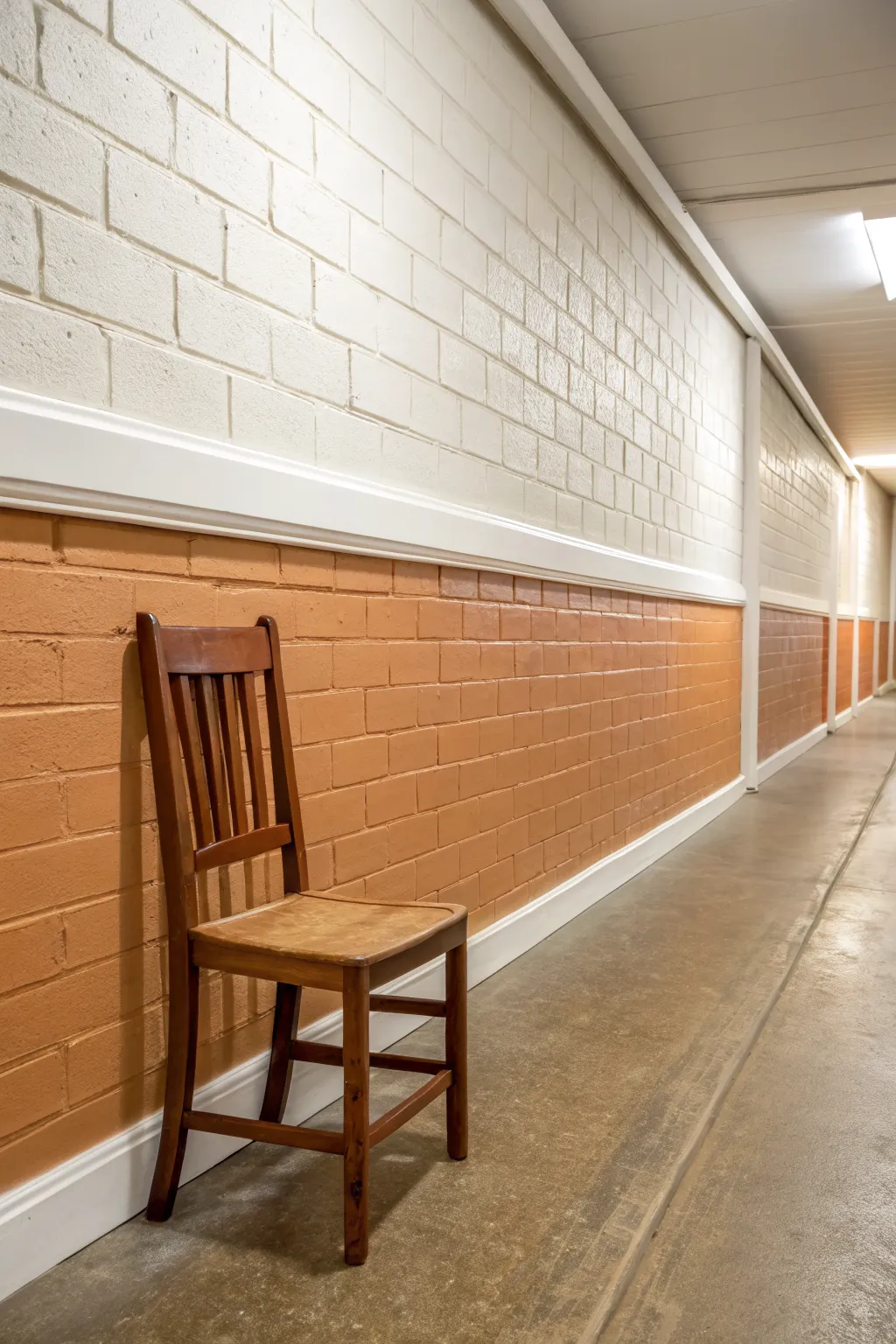 Two-tone basement wall with a chair rail: bright top, bold bottom, instantly less tunnel-like.