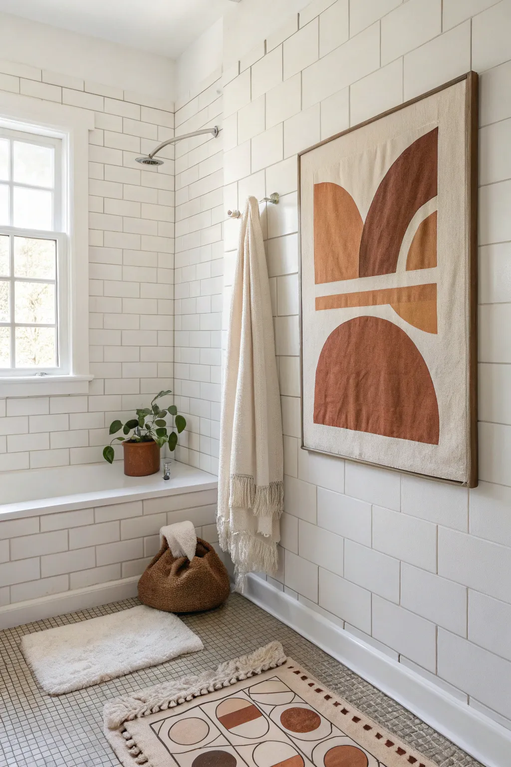 Warm neutral abstract canvas softens crisp subway tile, with terracotta accents for a calm boho spa.