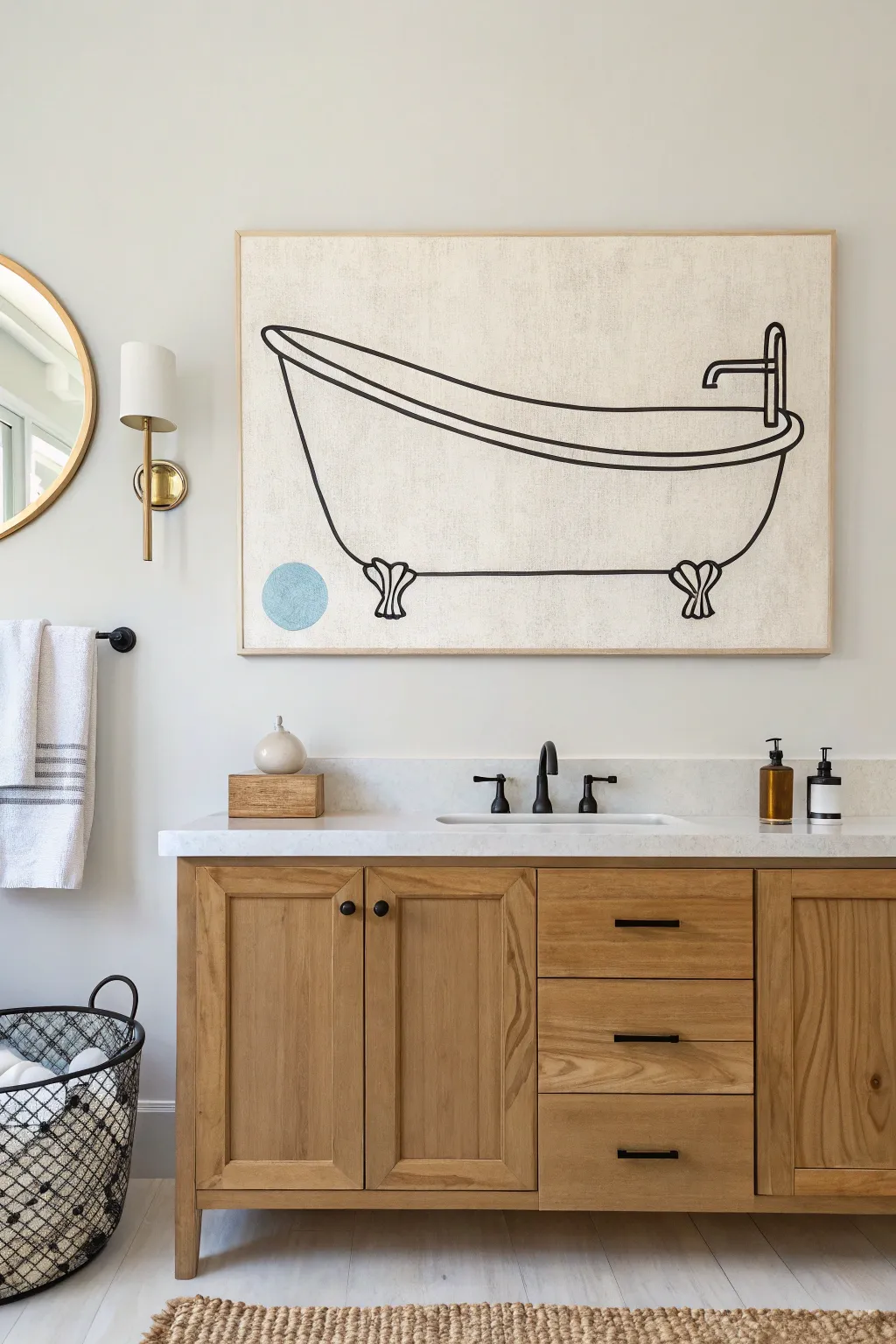 Minimal line art bathtub canvas for a calm Scandinavian bathroom with a soft pale blue accent.