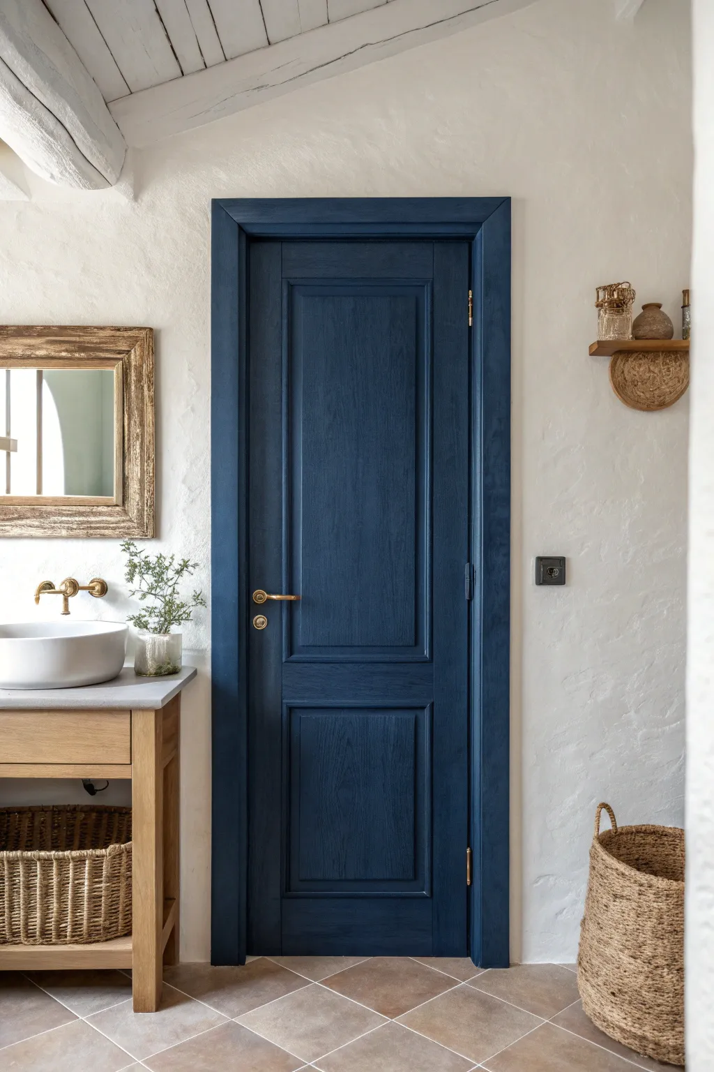 Deep navy blue bathroom door brings calm spa vibes with Scandinavian minimal boho accents