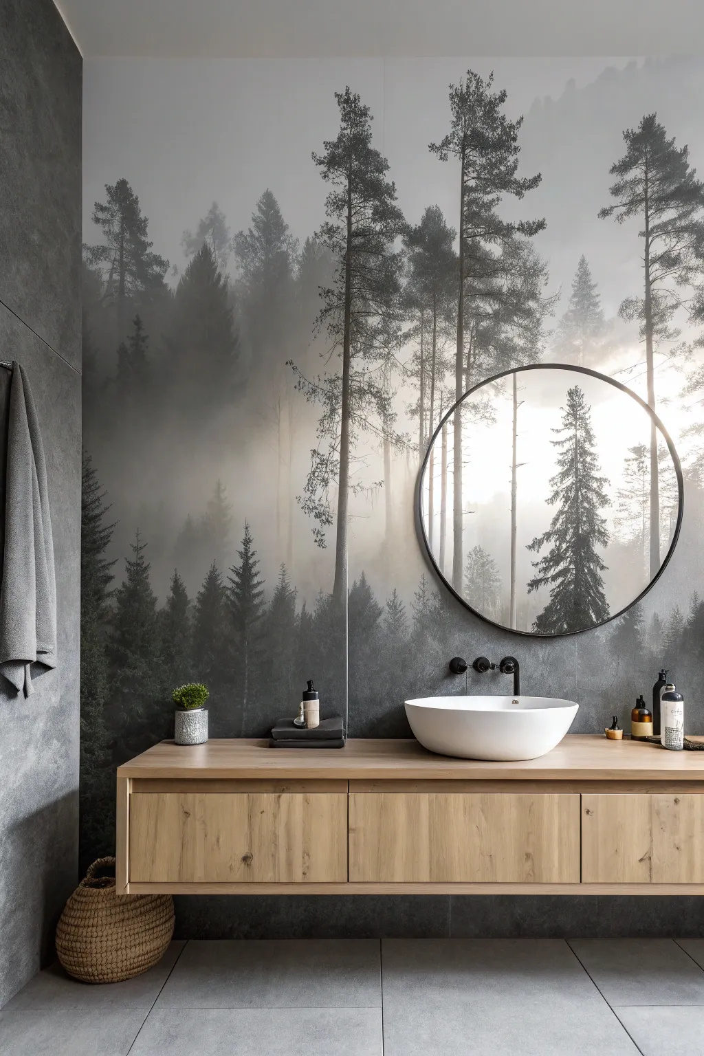 Misty forest mural behind the vanity for a calm, spa-like bathroom mood in soft grayscale.