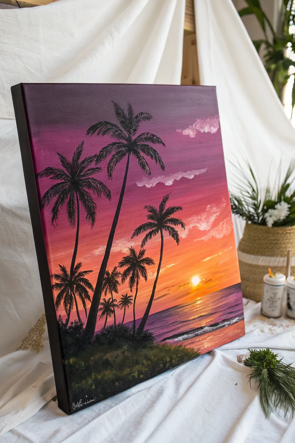 Bold sunset gradient with palm silhouettes, a minimalist beach painting idea with boho warmth