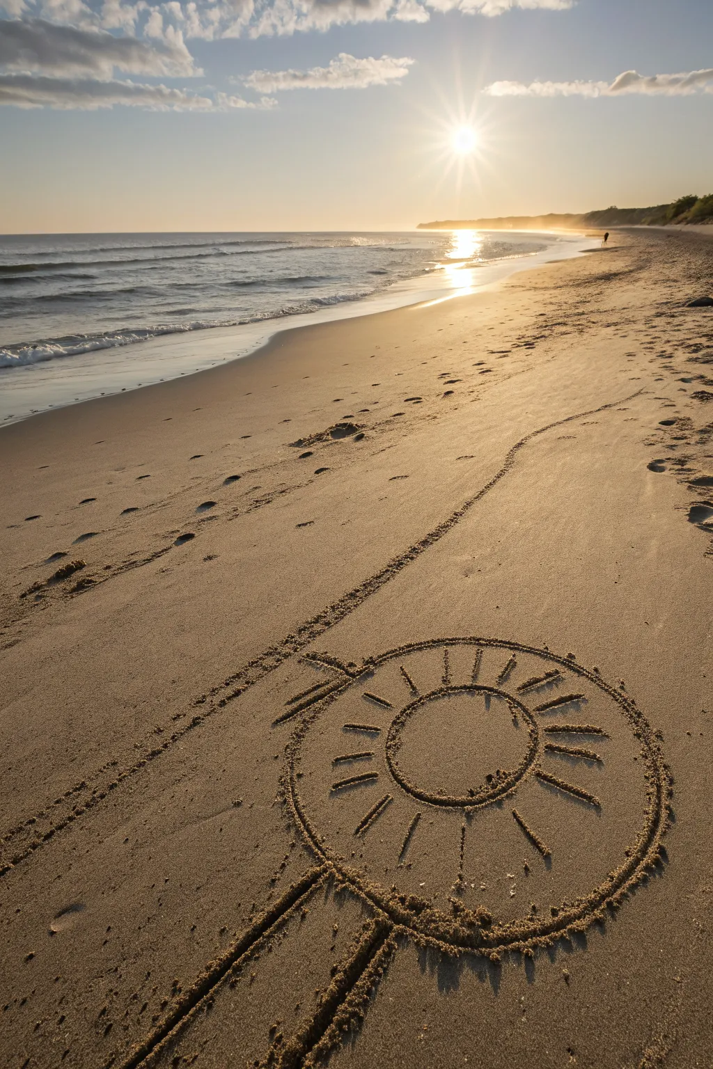 Sunset half-sun sand drawing by the shore, minimal lines with warm golden-hour contrast
