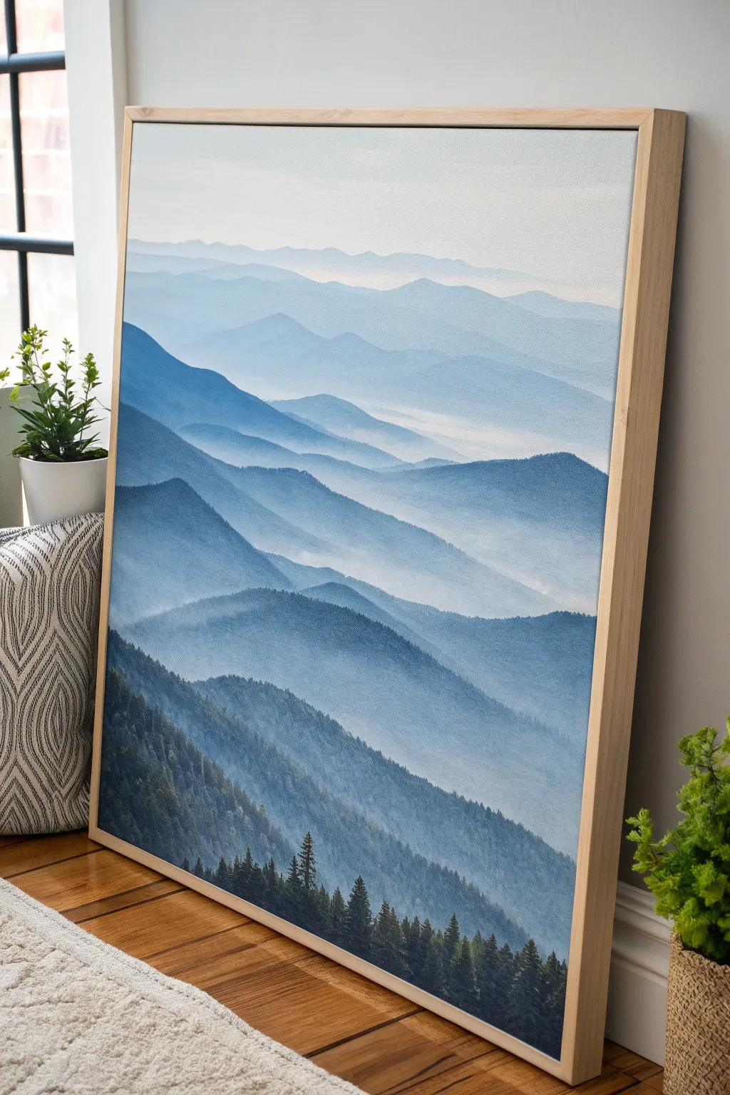 Serene misty mountain layers in soft blues and grays, perfect minimalist boho painting inspiration