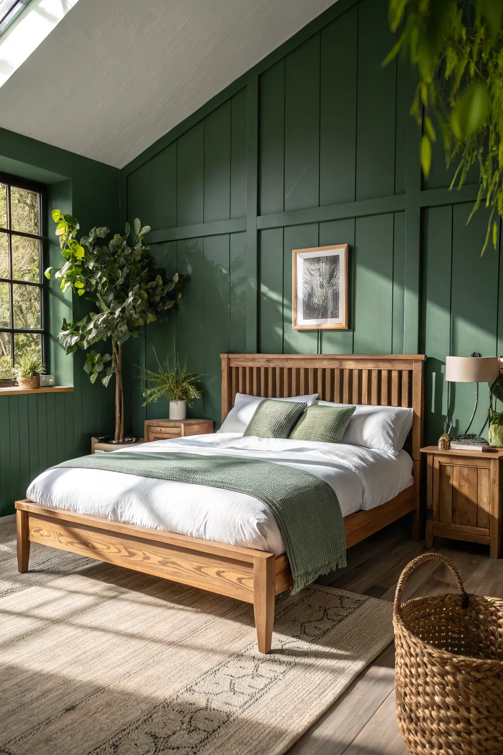 Revitalize your space with organic sage green walls and warm, rustic boho textures.