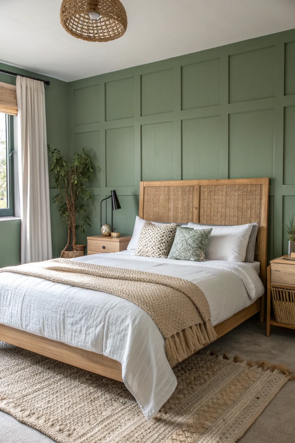 Sage green walls with airy neutrals create a calm, nature-inspired bedroom retreat