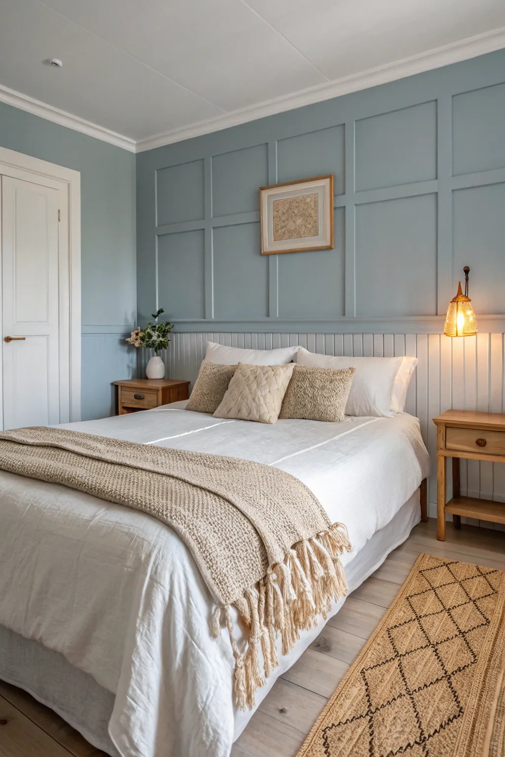 Calm muted blue, bright white trim, and warm lamplight make this bedroom feel serene and cozy.