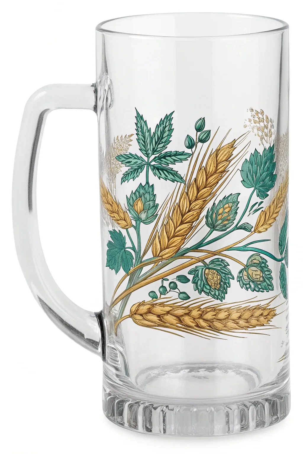 Hand-painted hops and barley garland on a clear beer mug, lush botanical detail with minimal style.