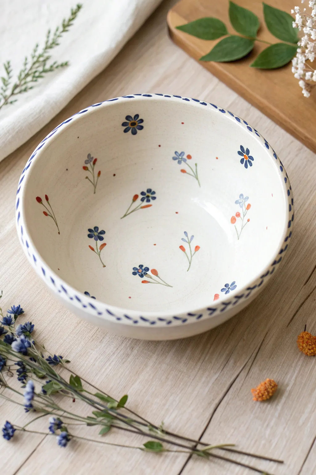 Simple floral sprigs around the rim for an easy beginner bowl painting idea in three bold colors