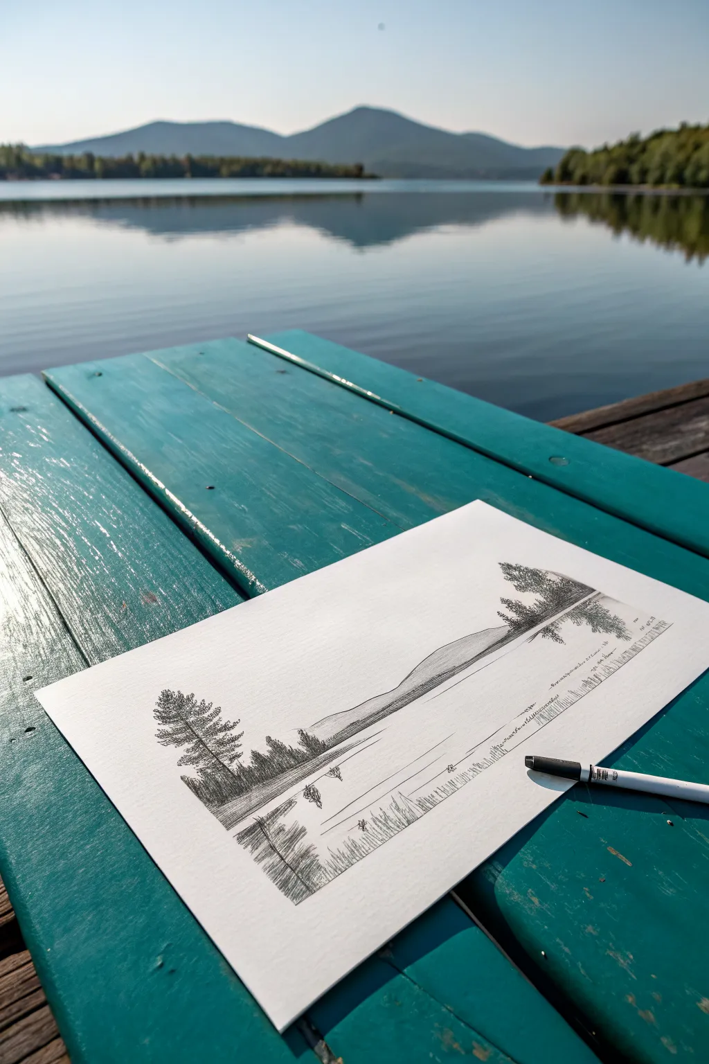 Beginner charcoal calm lake reflection: simple horizon, soft smudges, and a few ripples to practice.