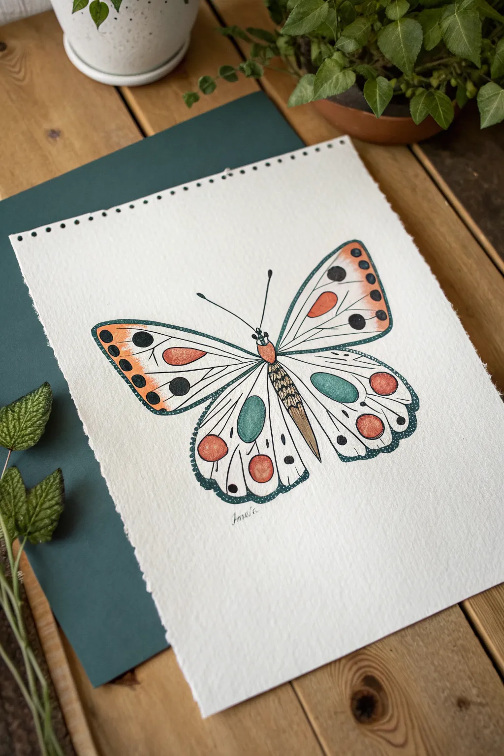 Butterfly with easy symmetry: simple teardrop wings and bold patterns for beginner drawing practice