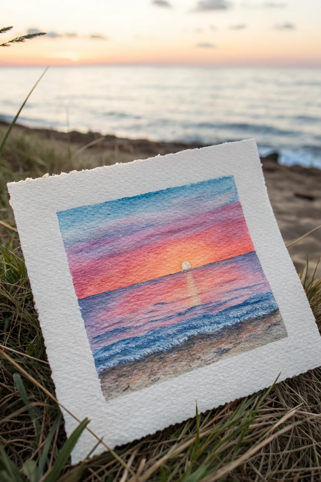 Beginner oil pastel idea: bold sunset ocean horizon with a simple glowing reflection path