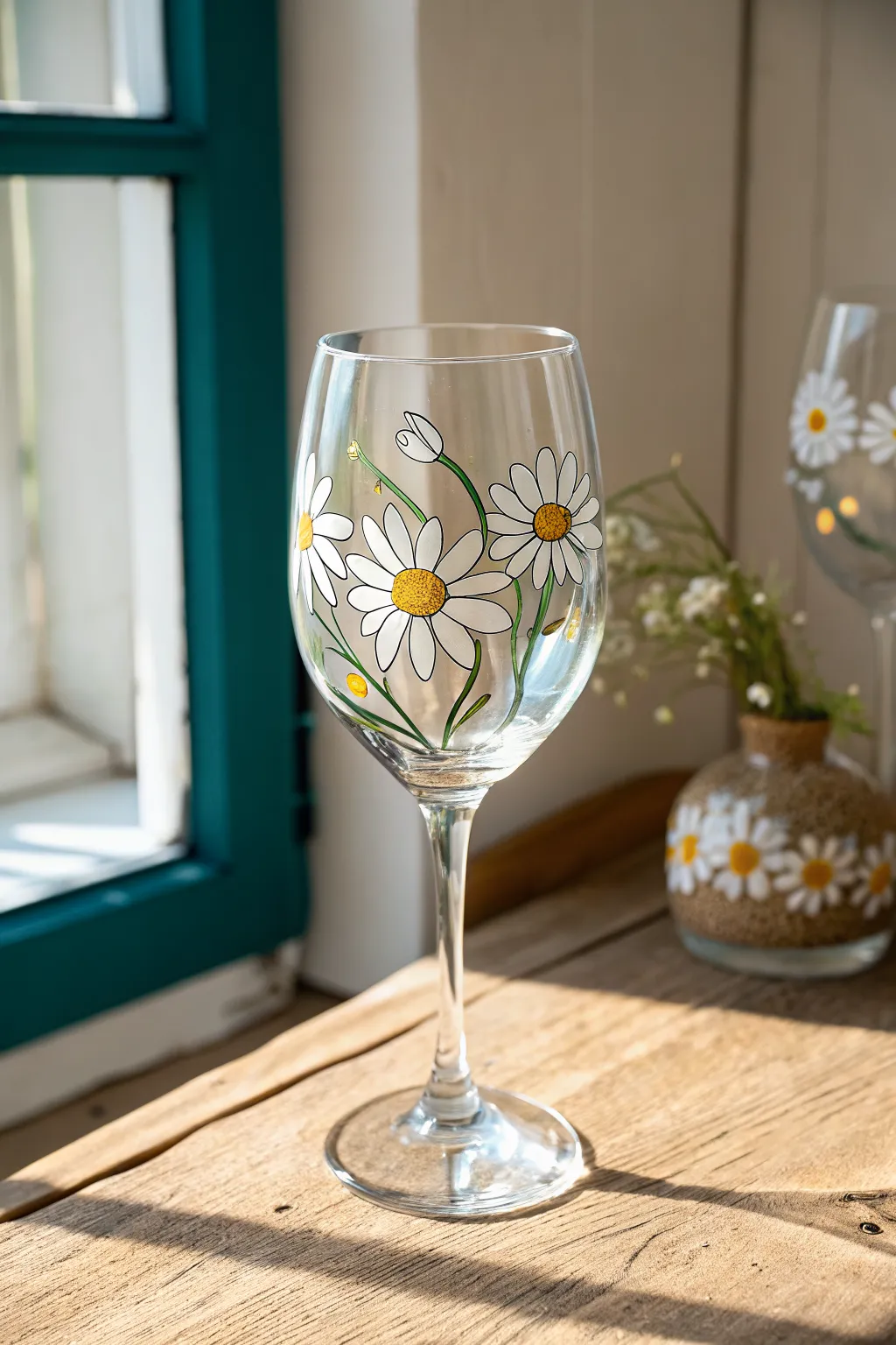 Easy daisy wine glass painting idea with simple petals, bright centers, and a clean setup