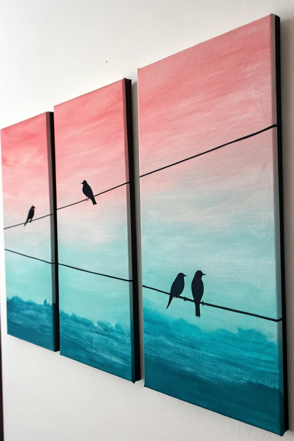 Easy triptych: birds on a wire silhouettes over a dreamy ombre sunset for beginners