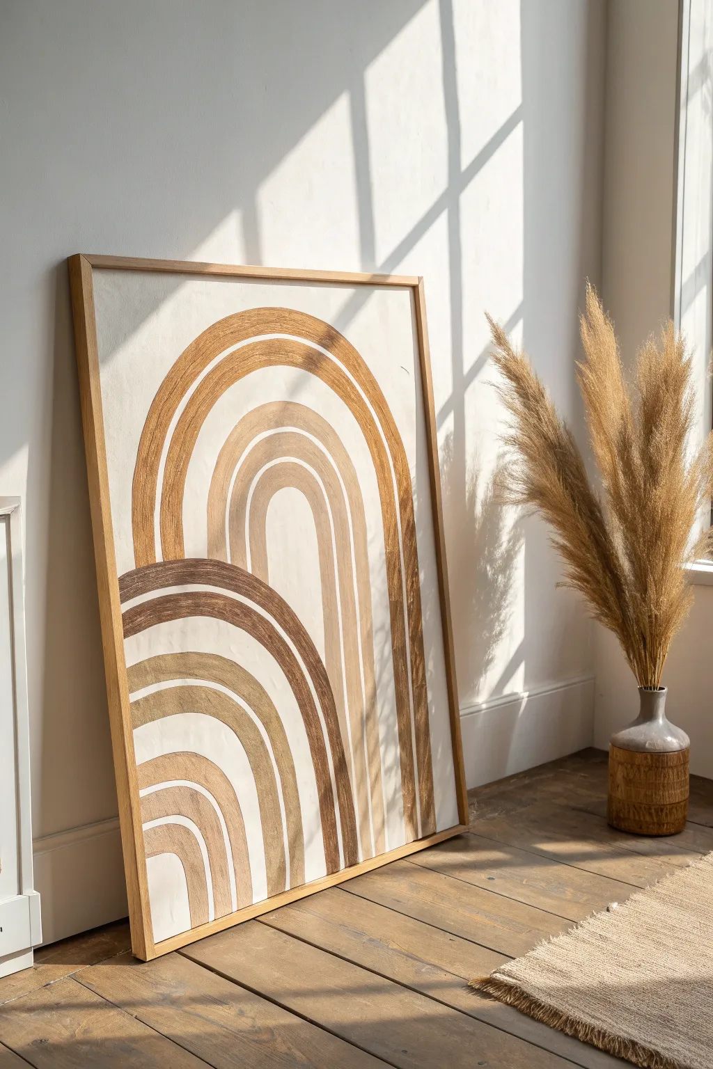 Soft beige arches with cozy curves, framed in light wood for calm Scandinavian boho vibes