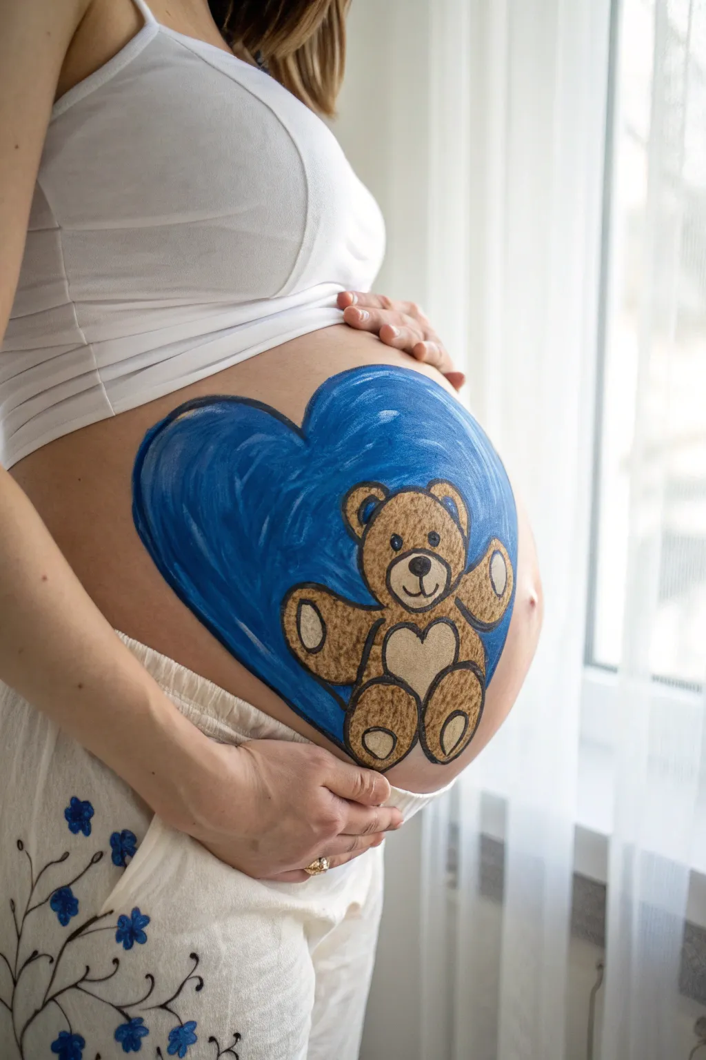 Minimalist belly art: cozy teddy bear hugging a bold blue heart, perfect baby boy vibe.