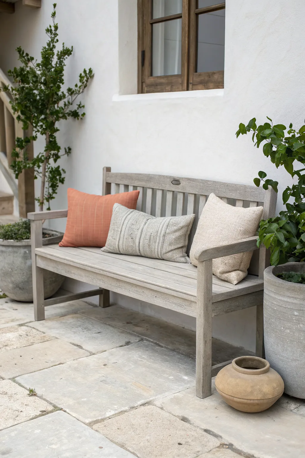 Soft greige bench styling: calm neutrals with linen textures and a touch of greenery.