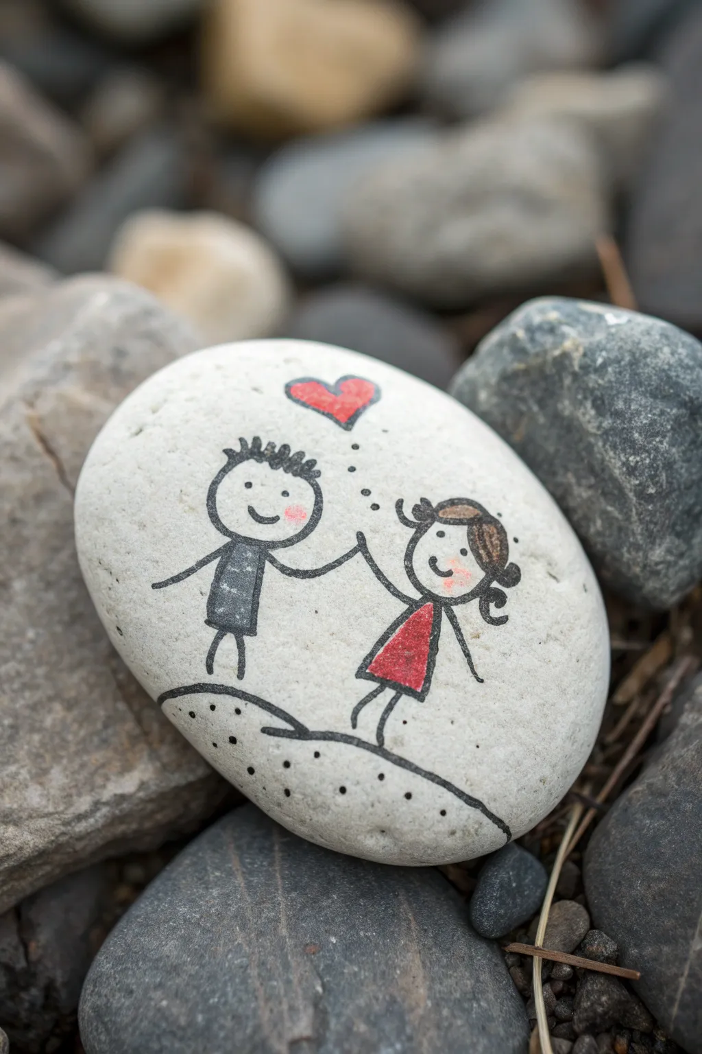 Sweet best friend rock: two stick figures holding hands with a tiny heart, simple and boho-chic.