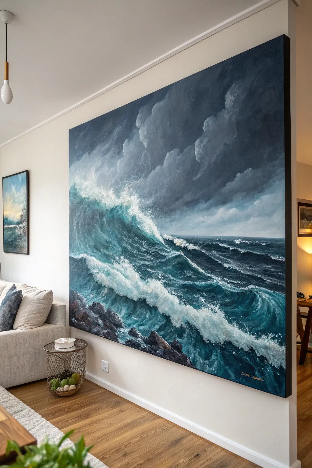 Moody oversized wave canvas that turns a minimalist room into a bold, calming window view