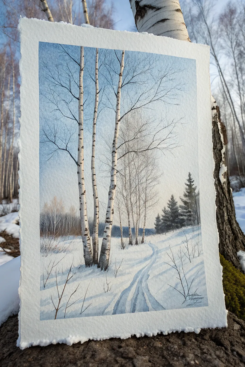 Winter birches on snowy ground in calm blues and grays, with bold indigo shadows for contrast