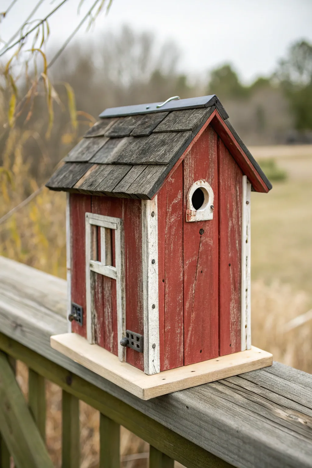 Rustic barn red bird feeder with crisp white trim, a cozy country DIY painting inspiration