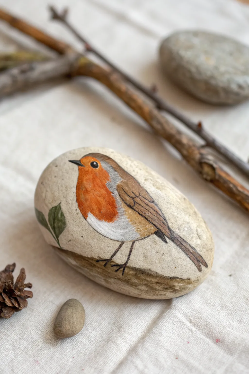 Minimalist robin painted rock with a warm rust belly, styled on linen with a simple twig detail