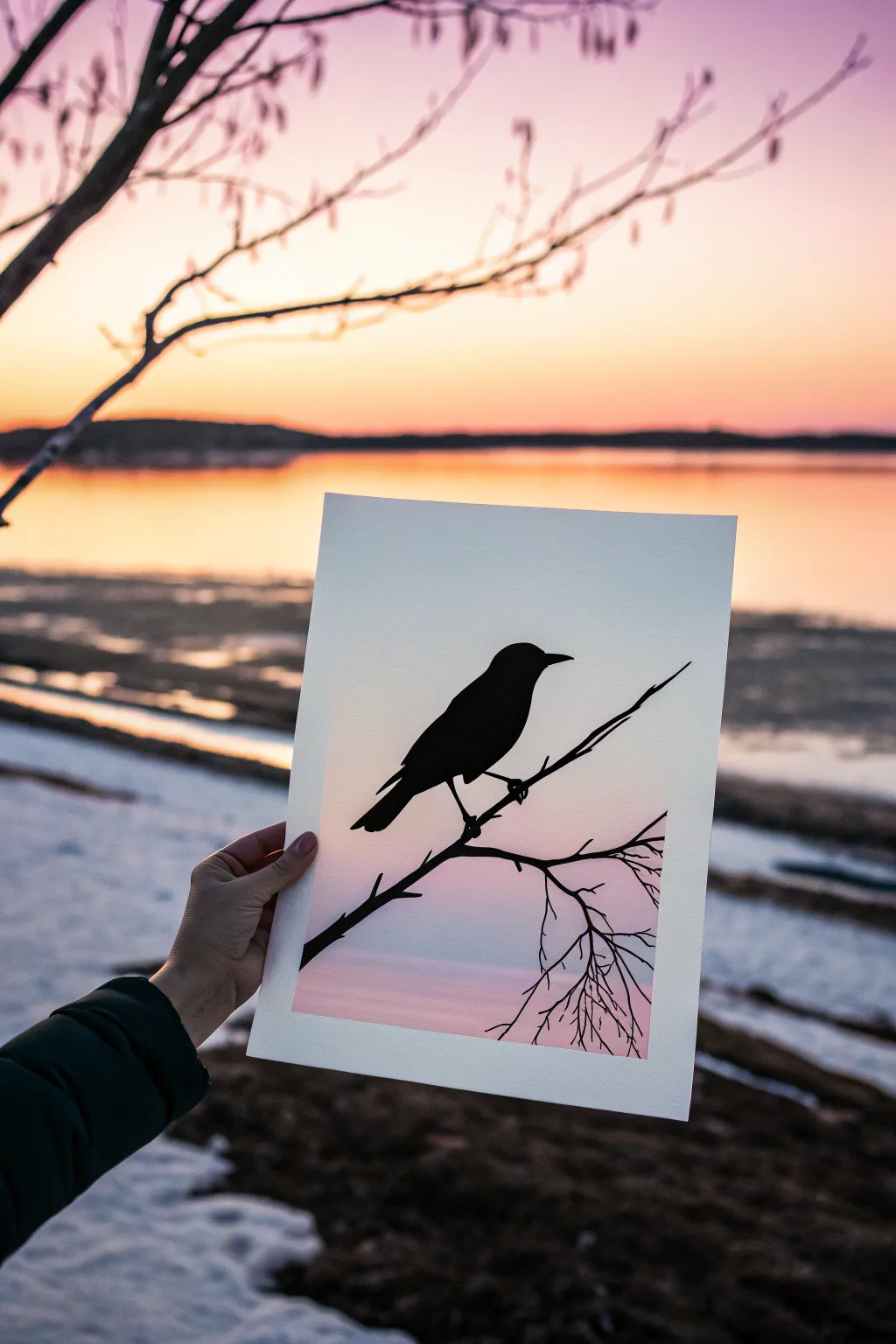 Bold black bird silhouette on a peach-to-violet sunset wash, minimalist and striking