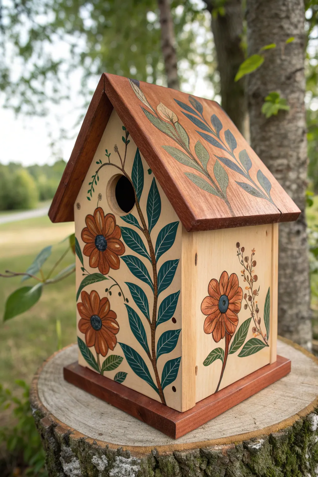 Wraparound wildflower birdhouse with bold blooms and clean Scandinavian-boho charm