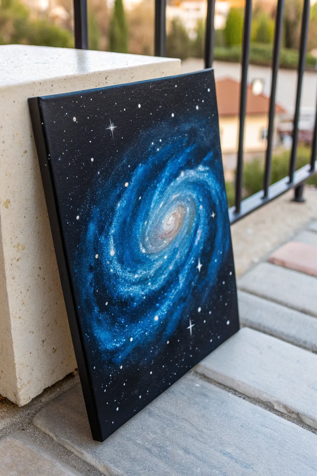 Deep black sky, cobalt galaxy swirl, and delicate star spatter for dramatic contrast.