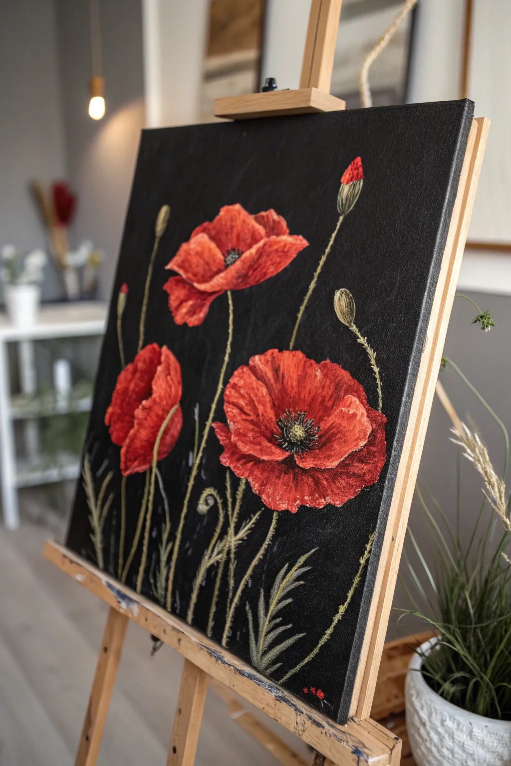 Loose red poppy blooms glowing against a deep black field, bold, romantic, and minimalist