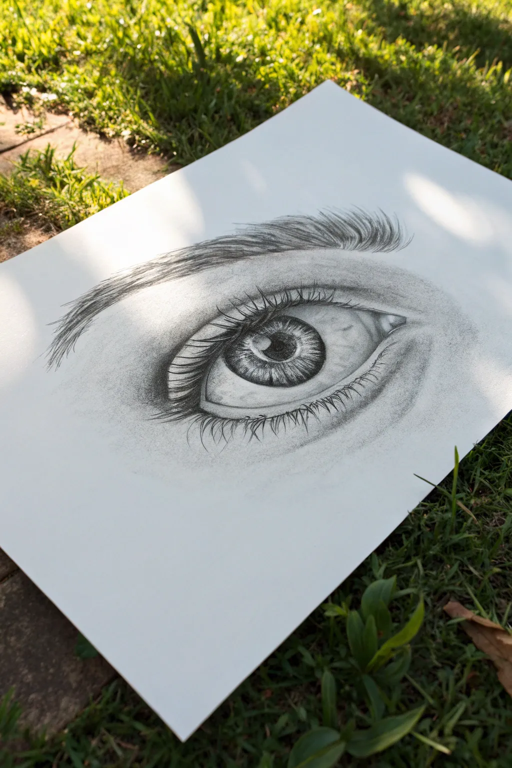 High-contrast graphite eye study with bright highlight and velvety shading on clean white paper.