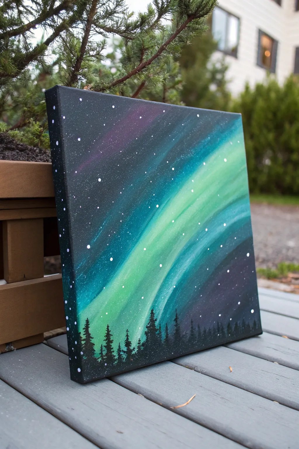 Aurora ribbons glow across a velvety black sky, minimalist yet bold for night-sky drama.