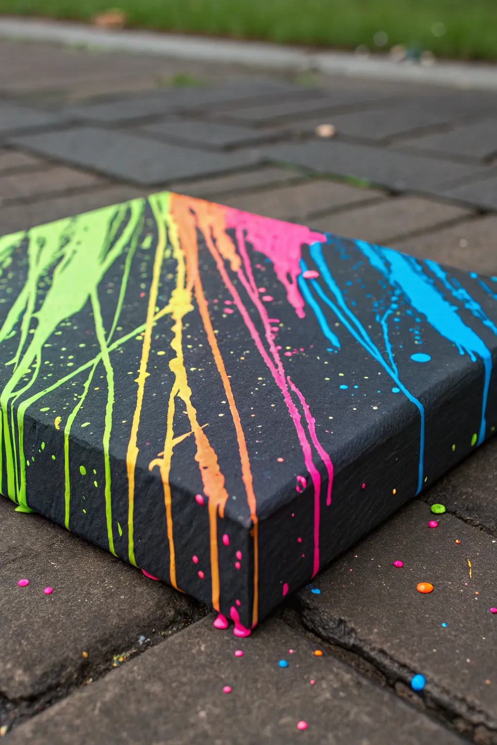 Fluorescent abstract drip layers: bold UV-reactive paint glowing on a deep dark canvas