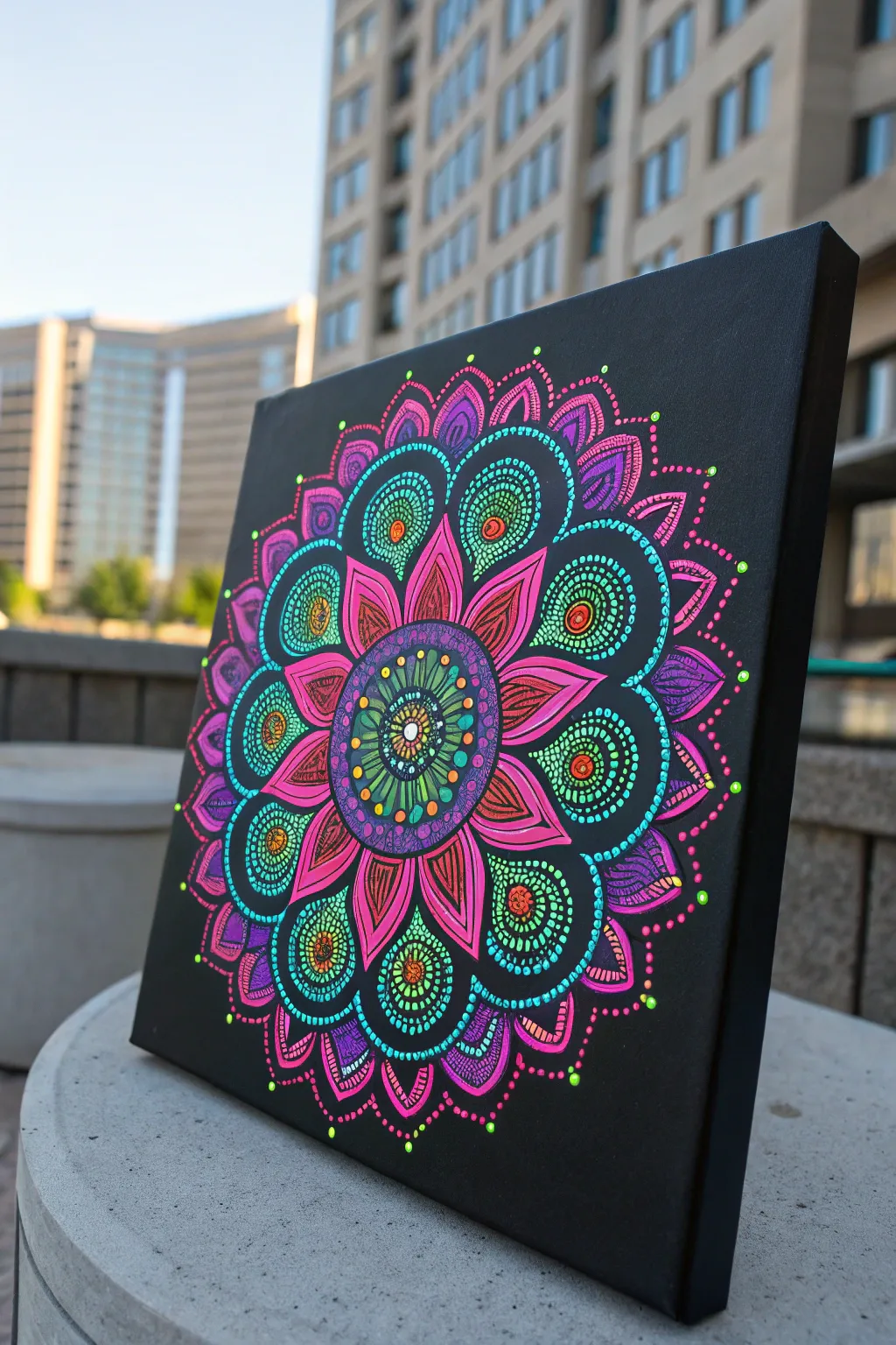 Trippy neon mandala medallion glowing under black light, bold colors on a deep black backdrop