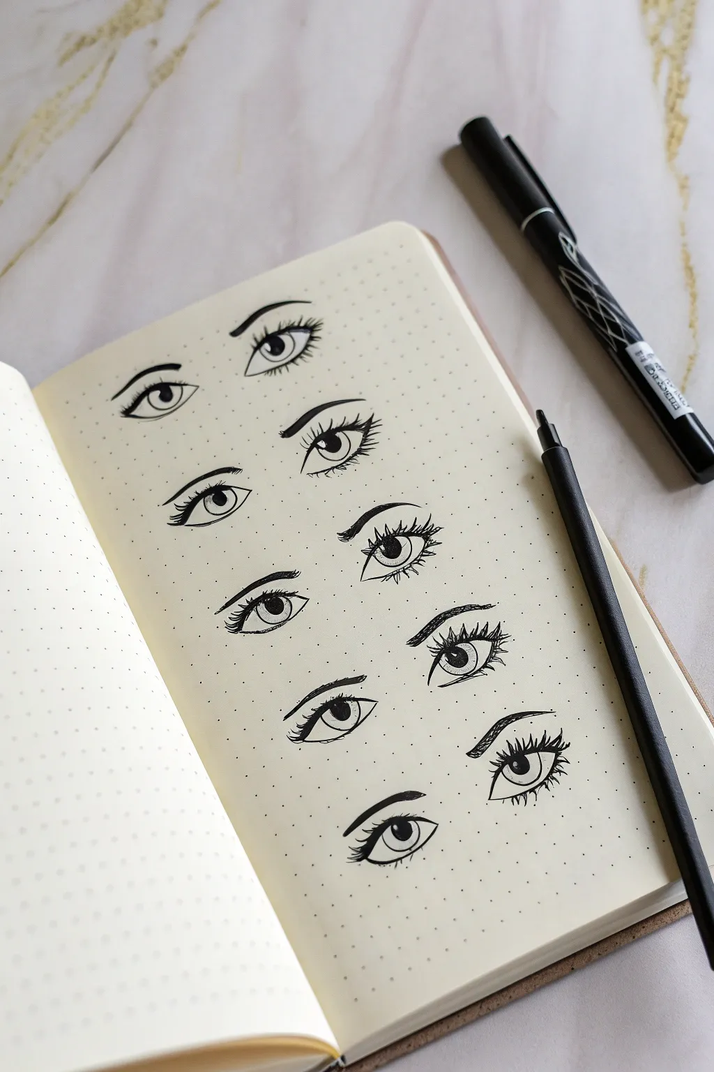 Graphic black marker studies of eyes, brows, and lips on a clean grid for quick practice.