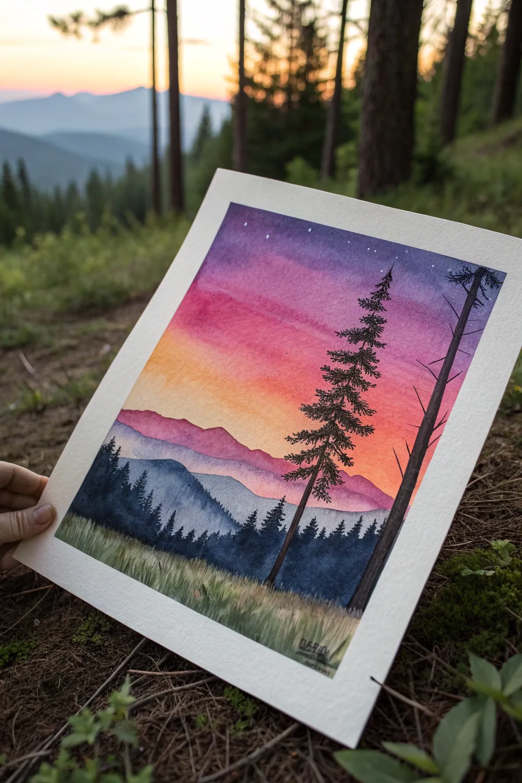 Blend a dreamy sunset wash, then finish it with crisp black silhouettes for instant impact.